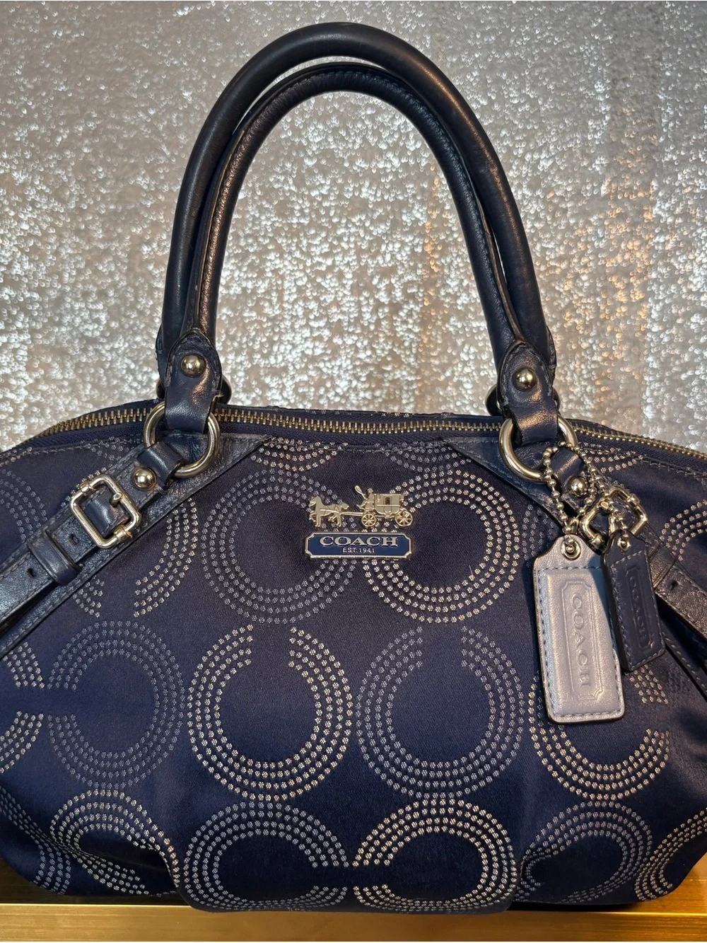 Coach Navy Circle Signature Satchel with Leather Trim